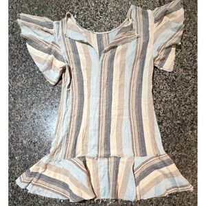 Striped Boho Ruffle Mini Dress Tan Blue Flutter Sleeve Cotton Blend Small